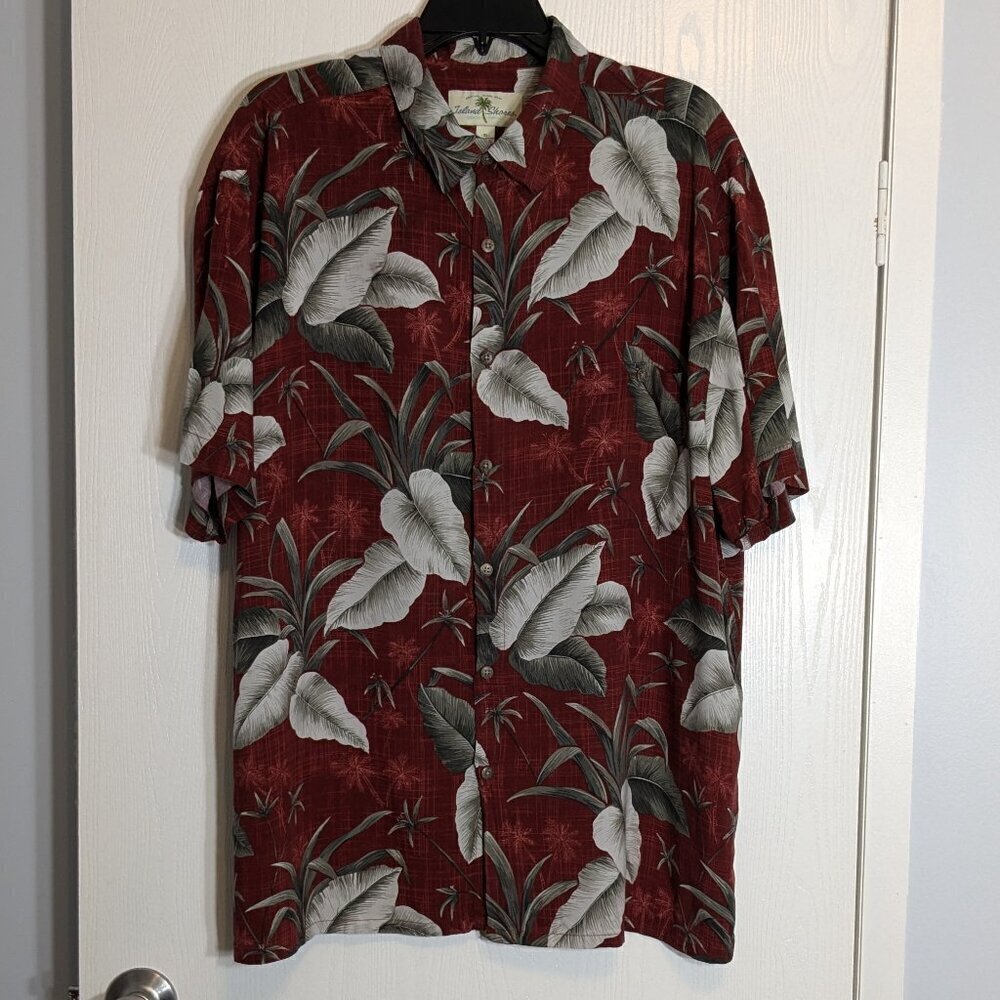 ISLAND SHORES Burgundy Floral Tropical Short Sleeve Button Shirt; Size XL